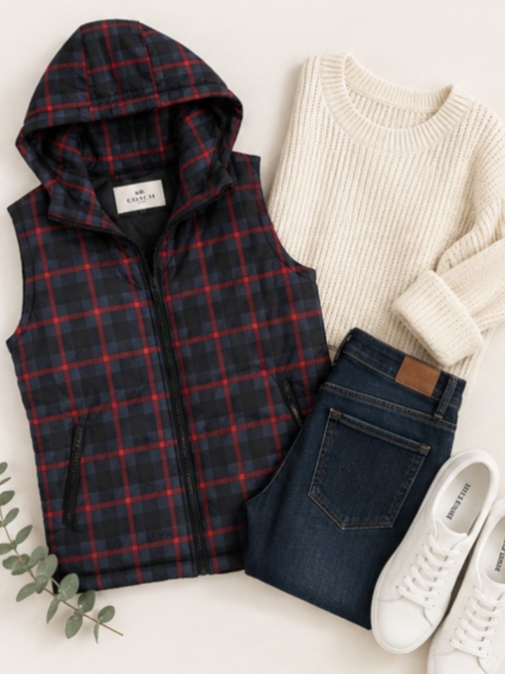 Coach Hooded Vest in Navy and Red Plaid